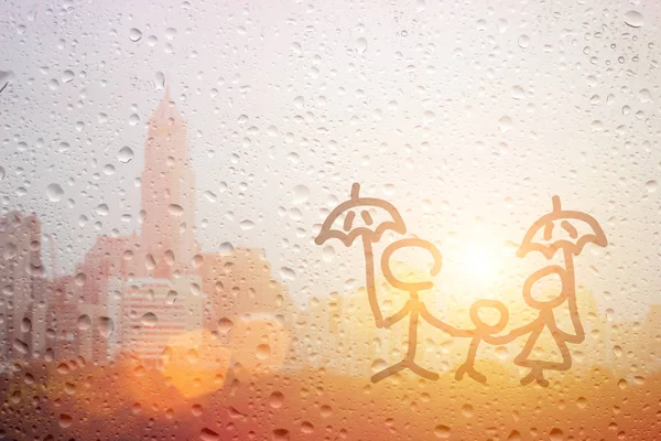 Draw family dad mum and child hand with umbrella in the raining — Stock Photo, Image