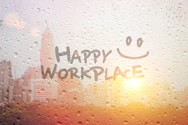 draw happy workplace on window at morning background