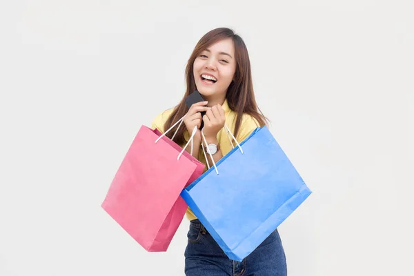 Asian thai lady hold shopping paper bag — Stock Photo, Image