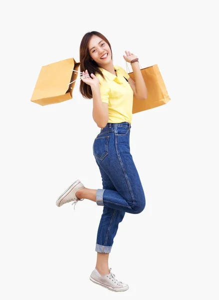 Asian lady hold paper bag shopping — Stock Photo, Image