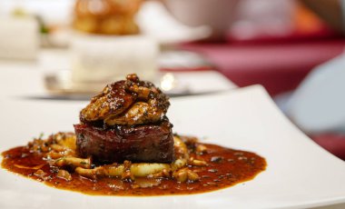 food designer steak serve on dinner table  clipart