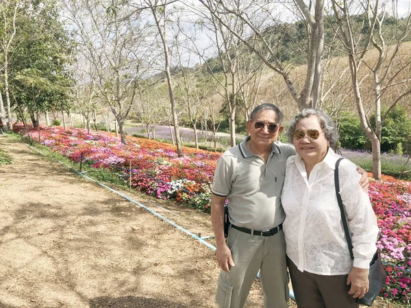 Happy asian grandfather and grandmother happiness at outdoor — 스톡 사진