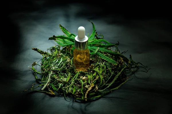 Aroma Aceite Saludable Producto Hierba Cáñamo Sobre Fondo Oscuro — Foto de Stock