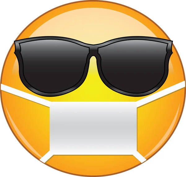 Maske takan havalı bir ifade. Mikroplardan, virüslerden, hava kirliliğinden ve dumandan korumak için güneş gözlüğü ve sağlık maskesi takan sarı emoji.