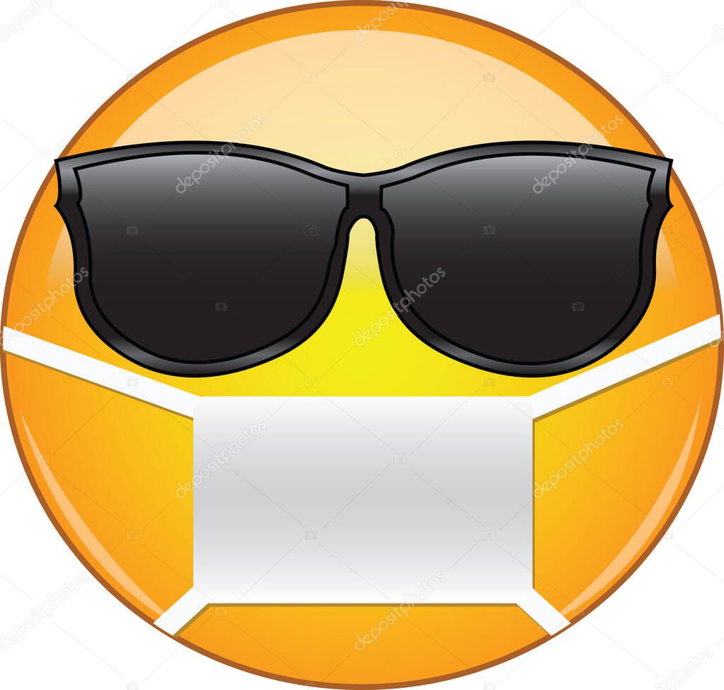 Cool emoticon wearing a mask. Yellow emoji wearing sunglasses and health mask to protect from germs, viruses, air pollution and smog.