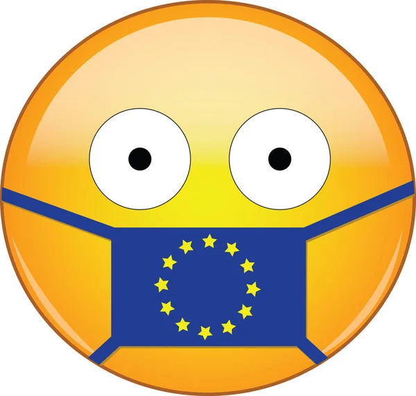 Żółte Przerażone Emoji Europejskiej Masce Medycznej Chroniącej Przed Sars Koronawirusem — Wektor stockowy