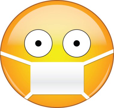 Tıbbi maske takan hasta bir ifade. Sarı emoji bir tıbbi maske takıyor. Gözleri açık ve virüslerden, mikroplardan, salgınlardan ve hastalıklardan korkan küçük gözbebekleri var..