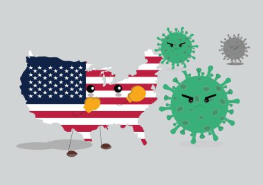 ABD ülkesi Corona virüsüyle savaşıyor. Amerikan bayrağının ABD ülkesi şeklinde resmedilmesi, boks eldiveni giyilmesi ve salgın sırasında virüs ve mikroplarla savaşılması..
