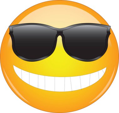 Güneş gözlüklü güzel emoji. Sarı gülen surat, güneş gözlüğü takan ve tüm dişlerini gösteren geniş bir gülümsemeye sahip. Havalı olmanın, harika olmanın, mutlu olmanın, gülümsemenin ve hayatın tadını çıkarmanın ifadesi..