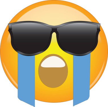 Cool Crying Face Emoji. Yellow face with an open mouth wailing and river of tears flowing from eyes hidden behind sunglasses. Expression of overwhelming grief and sadness, hiding puffy eyes from cry.. clipart