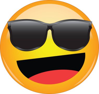 Güneş gözlüklü mutlu emoji. Muhteşem sarı surat, güneş gözlüğü takıyor, gülüyor ve gülümsüyor. Mutluluğun ifadesi, kahkaha, neşe, eğlencenin yanı sıra havalı ve harika olmak..