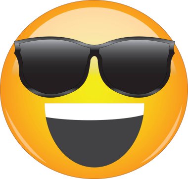 Güzel mutlu sırıtış sarı emoji. Gülümseyen sarı surat, güneş gözlüğü takan ve yüzünde açık bir gülümseme olan. Havalı, harika ve mutlu olmanın, neşeli ve kendinden geçmiş olmanın ifadesi..