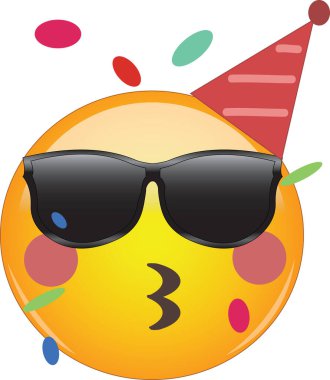 Harika parti emojisi doğum gününü kutluyor! Güneş gözlüğü takan, parti şapkası takan, dudaklarını öpen ya da konfeti havada süzülürken ıslık çalan sarı yüz ifadeleri. Kutlama ifadesi, eğlence, harika.