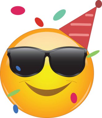 Parti kulübesi, güneş gözlüğü ve konfeti takan havalı emoji. Yuvarlak sarı yüzlü ve gülümseyen bir parti ifadesi. Eğlencenin, eğlencenin, eğlencenin, eğlencenin ve kutlamanın ifadesi.