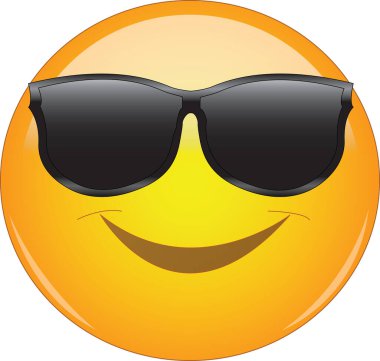 Güneş gözlüklü güzel emoji. Sarı gülen surat, güneş gözlüğü takıyor. Havalı olmanın, mutlu olmanın, gülümsemenin ifadesi..