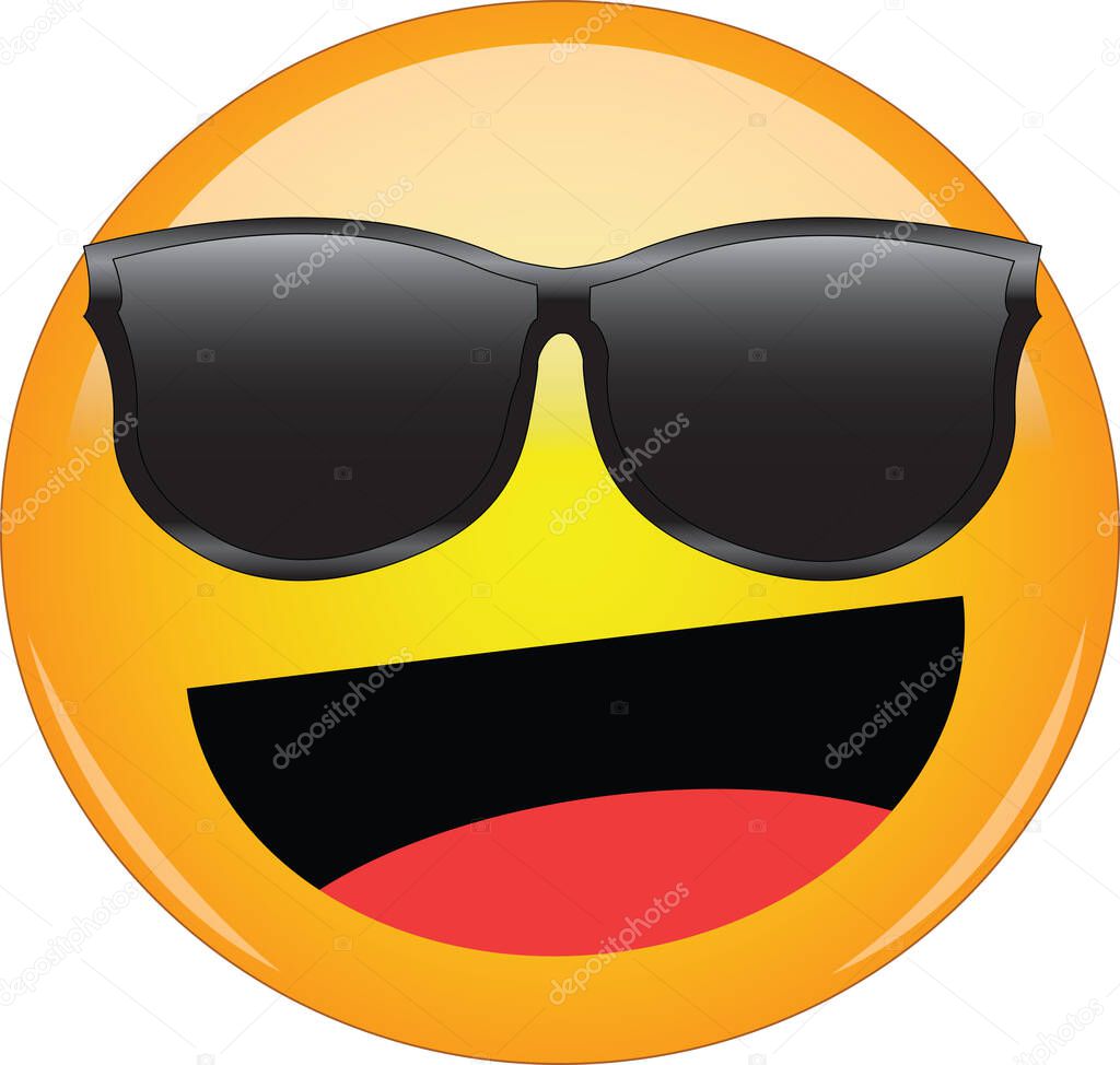 Cool happy emoji in shades. Awesome yellow face emoticon wearing sunglasses with a wide smile and laughing. Expression of happiness, laughter, joy, fun, as well as being cool and awesome.