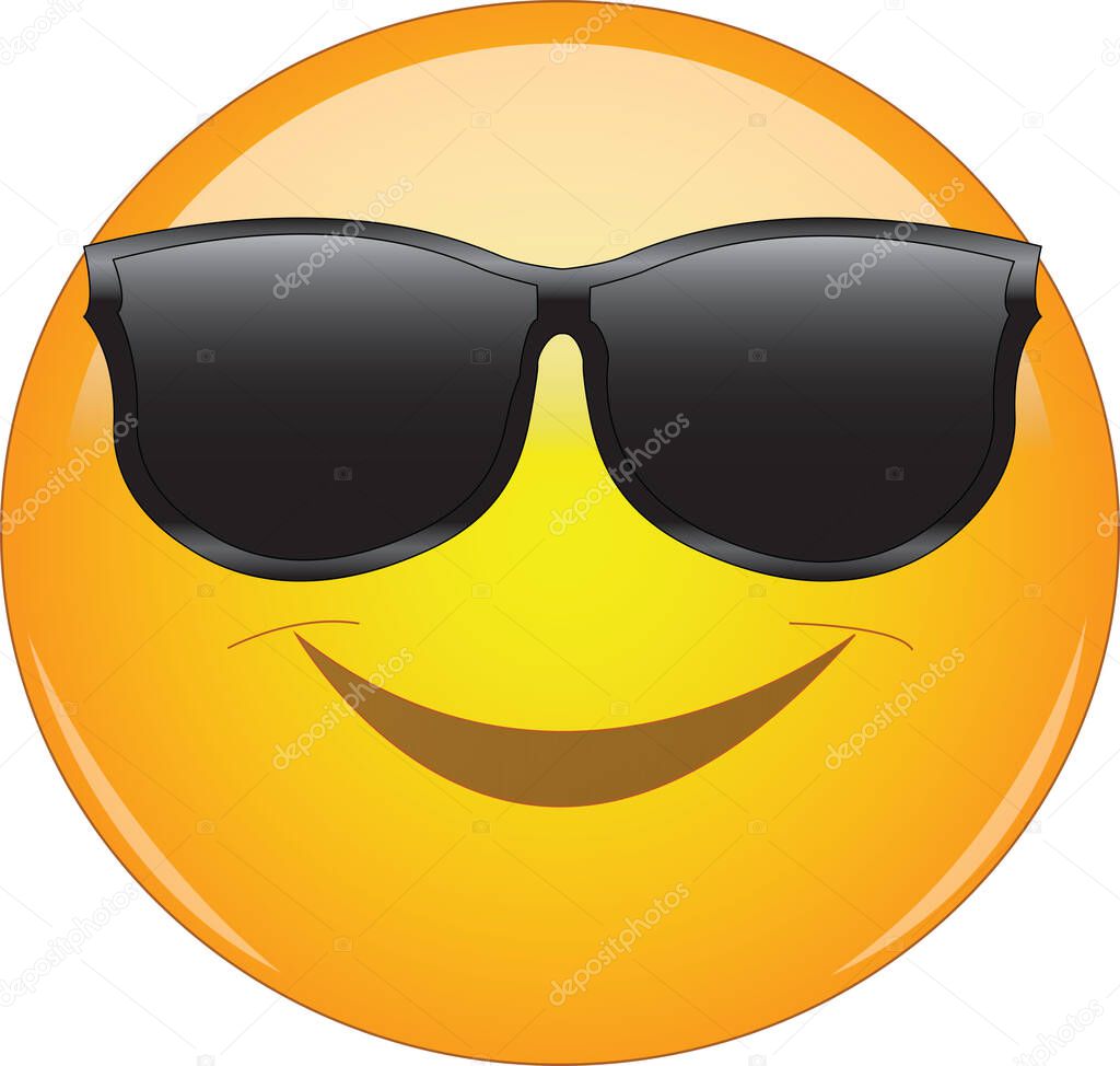 Cool emoji in shades. Yellow smiling face emoticon wearing sunglasses. Expression of being cool, happy, smiling.