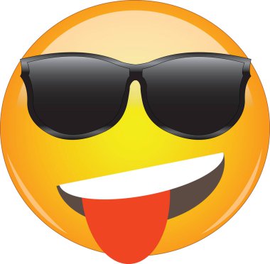 Dili dışarı çıkmış, güneş gözlüğü takmış neşeli sarı emoji. Güneş gözlüğü takan havalı yüz ifadeleri, kocaman bir gülümseme ve dili çıkmış. Eğlenceyi, heyecanı, şakayı ve sataşmayı ifade eder..