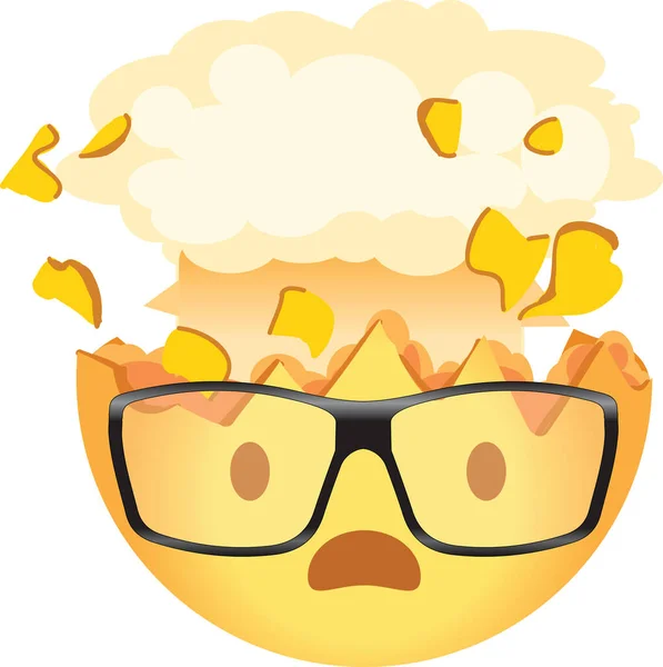 Şok olmuş emoji gözlük takıyor. Patlayan inek kafası simgesi. Sarı yüzlü, ağzı açık, gözlüklü ve kafasının tepesi beyne benzeyen bir mantar bulutu şeklinde patlayan..
