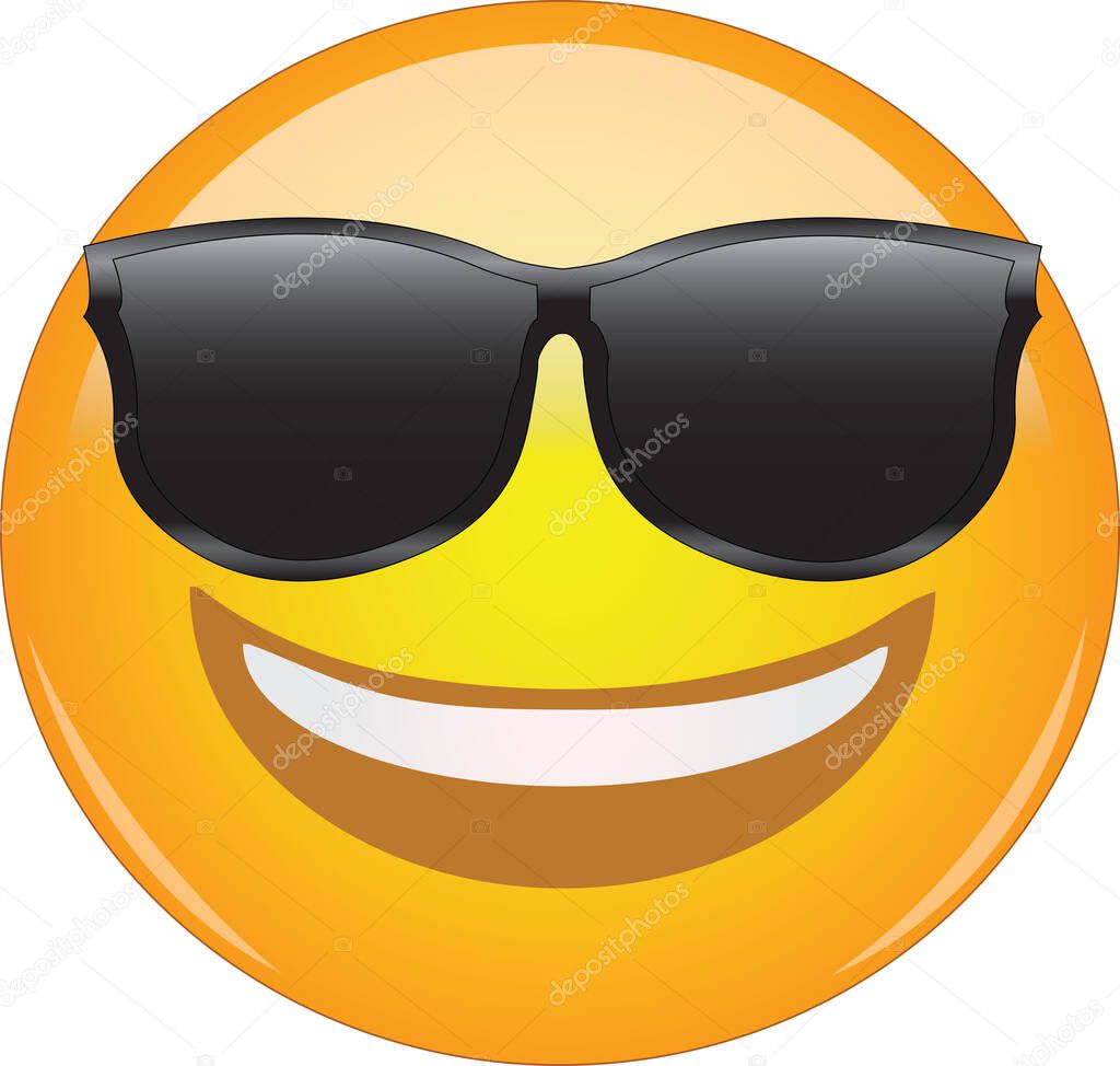Cool emoticon in sunglasses. Awesome grinning face emoticon wearing shades and having a wide smile. Expression of being cool, happy, smiling, grinning, awesome.