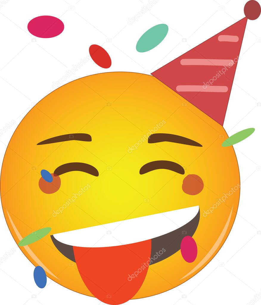 Tongue party emoji celebrating birthday in a red hat and confetti flying around! Partying yellow face emoticon with a tongue out and wearing a red party hat while confetti floats around its head.