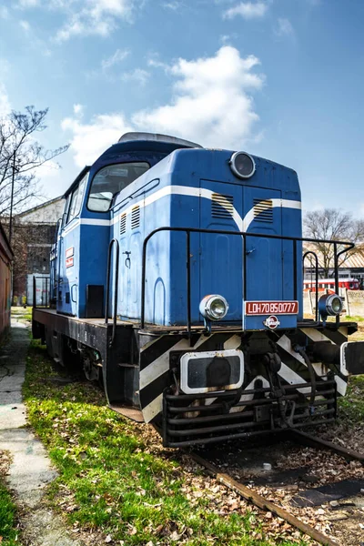 Mavi dizel lokomotif demiryolunda ilerliyor. Arka planda mavi gökyüzü