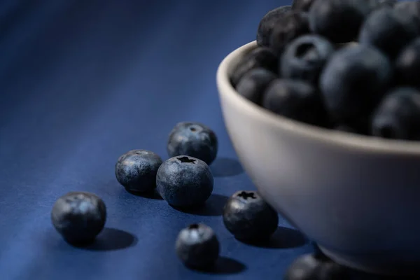 Cup Fresh Blueberry Fruit Dark Moody Lighting Dark Blue Background — Stock Photo, Image