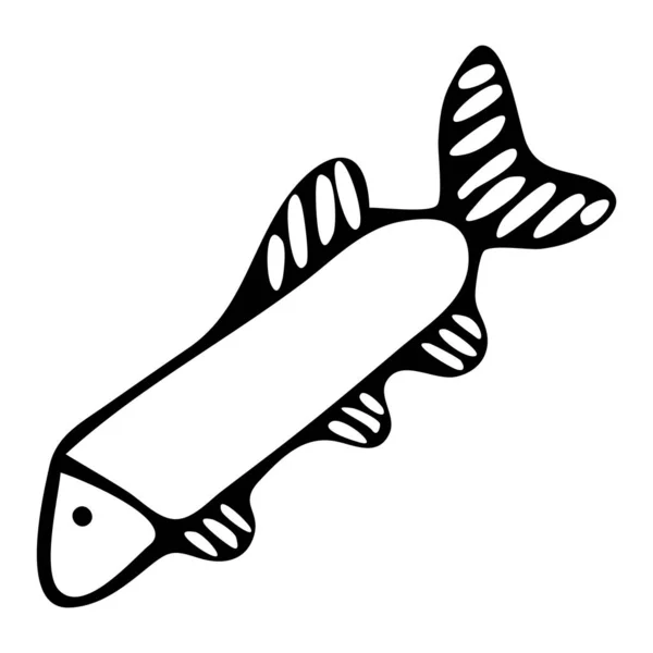 Vector hand-drawn illustration of a fish on an isolated white background, black outline. Nature, flora, fishing, camping, black and white doodles.Hand- painte d desig n fo r web, leaflets. — Stock Vector
