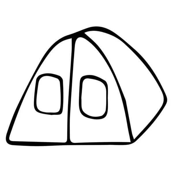 Vektor-handgezeichnete Illustration eines Zeltes auf isoliertem weißem Hintergrund, schwarzer Umriss. Natur, Erholung, Wandern, Zelten, schwarz-weißes Doodle.Handgemaltes Design für Web, Broschüren. — Stockvektor