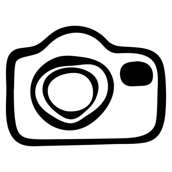 İzole edilmiş beyaz arka planda, siyah çizgili bir kameranın el çizimi. Elektronik, film, hafıza, tek bir nesne, siyah-beyaz karalamalar. Web için boyanmış tasarım, el ilanları..