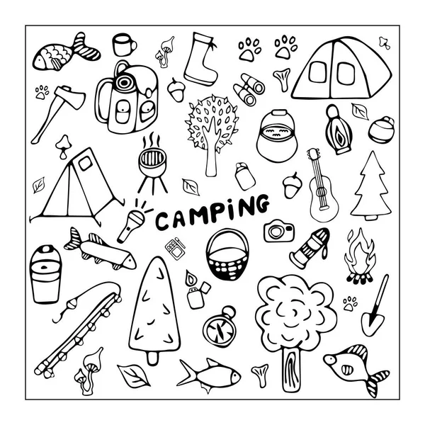 Vektor flach gezeichnete Illustration eines Campingsets auf isoliertem weißem Hintergrund, schwarzer Umriss. H and- in Form eines Doodle bemalt. Design für Web, Prospekte, Textilien, Tapeten, Stoff. — Stockvektor