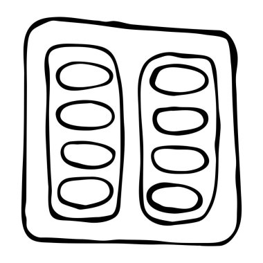 İçinde haplar, haplar, vitaminler olan su toplayan bir paketin vektör düz çizimi. Doodle tarzında izole edilmiş beyaz bir arkaplanda siyah bir özet. Web siteleri, tekstil, kağıt, duvar kağıdı, broşürler için