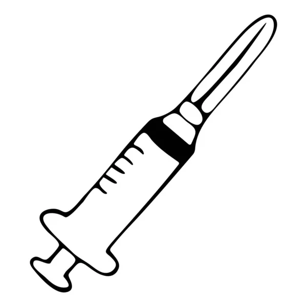 Vector vlakke illustratie van een injectiespuit, bloedafname in gedoseerde vorm. Zwarte omtrek op een geïsoleerde witte achtergrond in de Doodle stijl. Voor websites, textiel, papier, Wallpaper — Stockvector