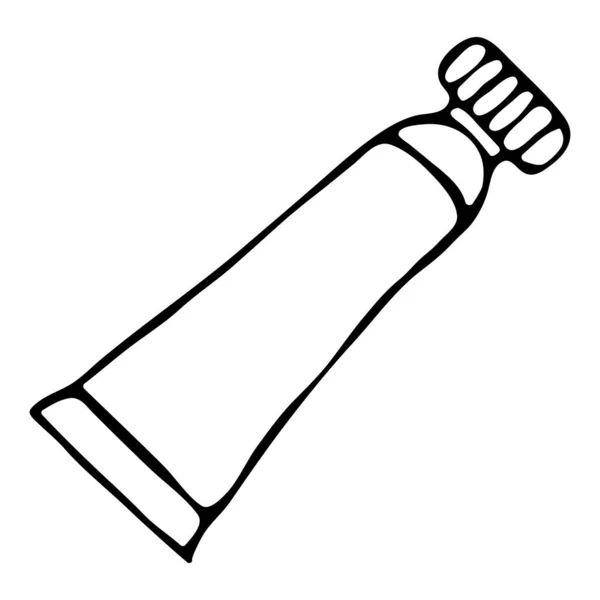 Illustrazione vettoriale di un tubo di medicina sotto forma di crema o gel, medicina. Profilo nero su uno sfondo bianco isolato in stile Doodle. Per siti web, tessili, carta, carta da parati, volantini — Vettoriale Stock