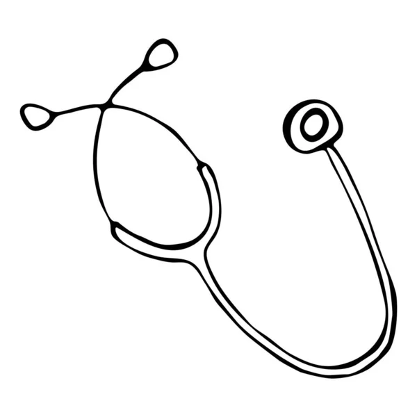 Tıbbi bir fonendoskopun vektör çizimi. Doodle tarzında izole edilmiş beyaz bir arkaplanda siyah bir özet. Web siteleri, tekstil, kağıt, duvar kağıdı, broşür, kitap, ambalaj kağıdı için