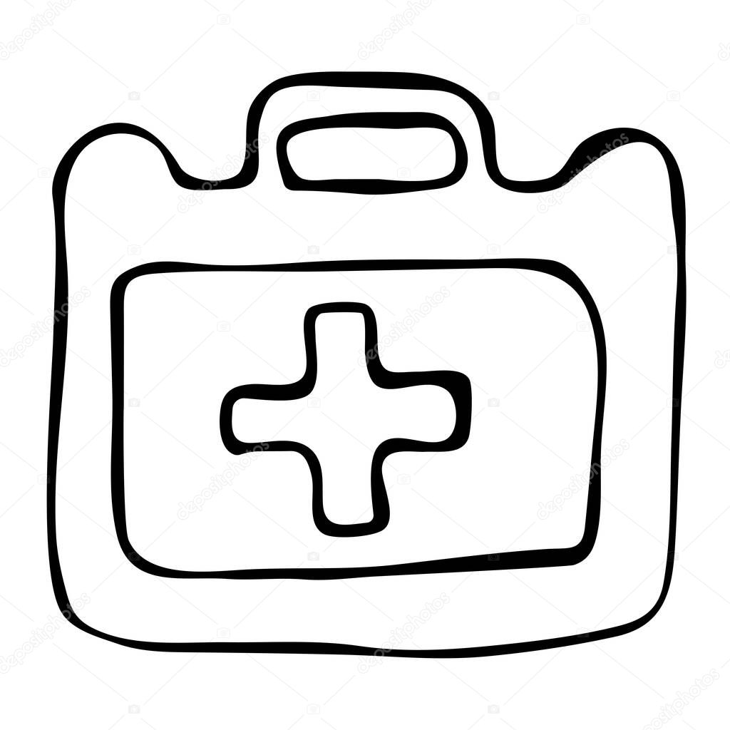 Vector illustration of first aid kits for emergency first aid. Black outline on an isolated white background in the Doodle style. For websites, textiles, paper, Wallpaper, leaflets