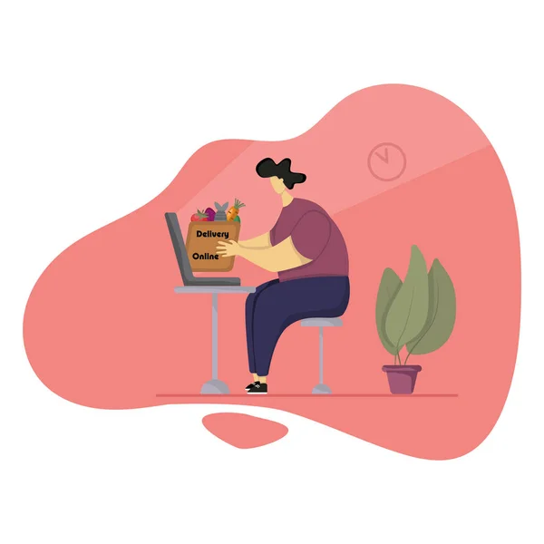 Un joven en casa saca una bolsa de comida de la computadora. Ilustración de pedidos y compras en línea, entrega a domicilio de productos. Ilustración de vectores de color para sitios web, impresión, libros — Vector de stock