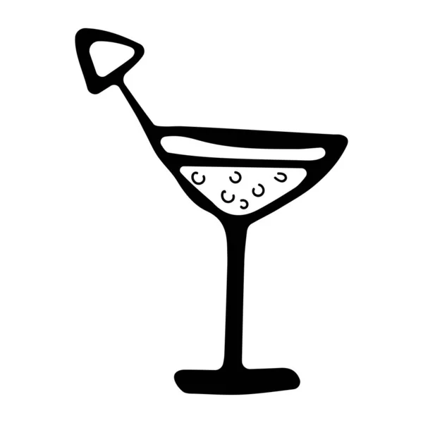 Vector illustratie van een wijnglas met een drankje en een kleine paraplu in de vorm van een zwarte omtrek op een geïsoleerde witte achtergrond, Doodle stijl. — Stockvector