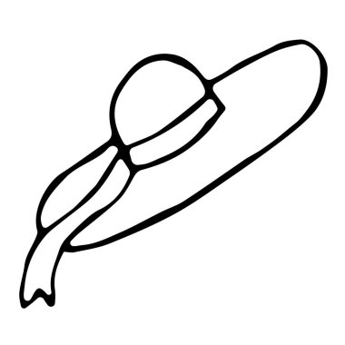 Büyük kenarlı kurdeleli yaz plaj kadınları şapkası. İzole edilmiş beyaz arkaplanda Doodle biçimi ile vektör illüstrasyonuName.