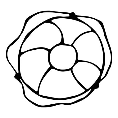 Basit bir ikon eski gemi ekipmanı: beyaz arka planda izole edilmiş kordonlu can simidi. Sanat karalama tarzında vektör serbest arkaplan çizimi.