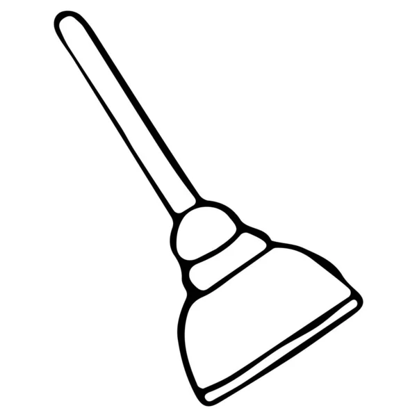 Imagen vectorial de un émbolo para la limpieza de bloqueos de tuberías de desecho, lavabos, inodoros. Dibujado a mano en estilo Doodle, contorno negro sobre un fondo blanco aislado — Vector de stock