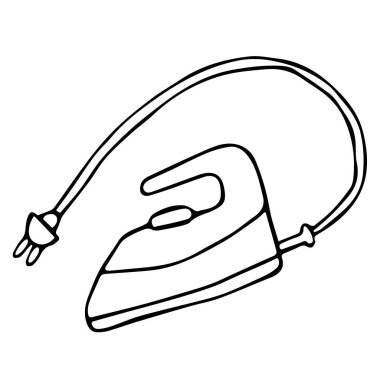 Ütü, buhar tedavisi ve dezenfeksiyon için ütü örnekleme. Doodle tarzında elle çizilmiş, beyaz izole bir arkaplanda siyah çizilmiş.