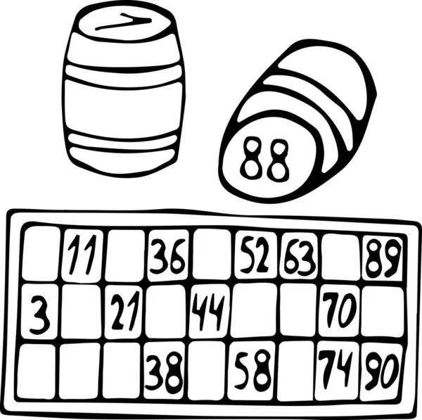Διανυσματική απεικόνιση των βαρελιών και των καρτών με αριθμούς από το παιχνίδι Lotto στο στυλ του Doodle. Μαύρο περίγραμμα σε λευκό φόντο. Εικονογράφηση Αρχείου