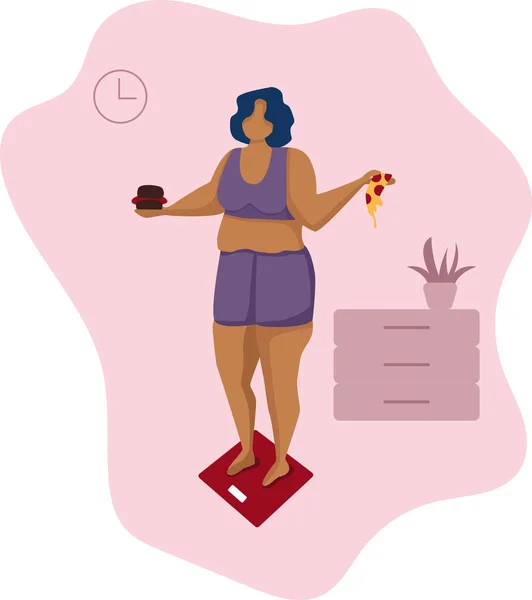 Vektorillustration av en överviktig ung kvinna som står på en våg och håller fast mat i händerna. Begreppet ordentlig hälsosam kost, kost, hälsosam livsstil, fetma, överätande. — Stock vektor
