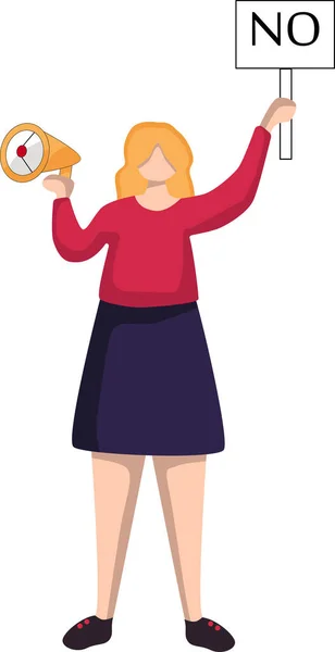 Векторная иллюстрация молодой женщины с мегафоном и плакатом с текстом "Нет". Концепция протеста, защиты прав женщин, революции, речи, права голоса, свободы и — стоковый вектор