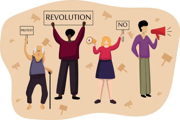 Ellerinde posterler ve megafonlarla farklı milletlerden ve çağlardan insanların vektör çizimi. Mitingin konsepti, hakların ve özgürlüklerin korunması, protesto, devrim.