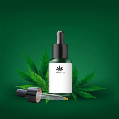 Kenevir yağı ve kenevir yaprağı beyaz arka planda izole edilmiş. Sağlıklı esrar yağı, vektör illüstrasyonu.