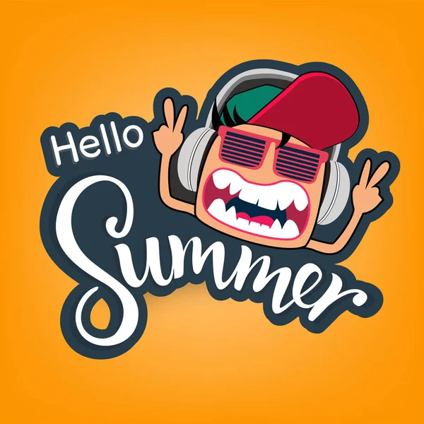 Απολαύστε Καλοκαίρι Θερινά Εμβλήματα Γελοιογραφία Γυαλιά Ηλίου Και Ακουστικά Εικονογράφηση — Διανυσματικό Αρχείο