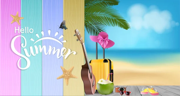 Γεια Σας Καλοκαίρι Πολύχρωμο Ξύλινο Τοίχο Φόντο Καλοκαίρι Παραλία Διανυσματική — Διανυσματικό Αρχείο