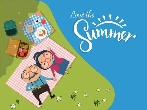 Love Summer Old Senior Man Vrouw Paren Kamperen Picknicken Groene — Stockvector